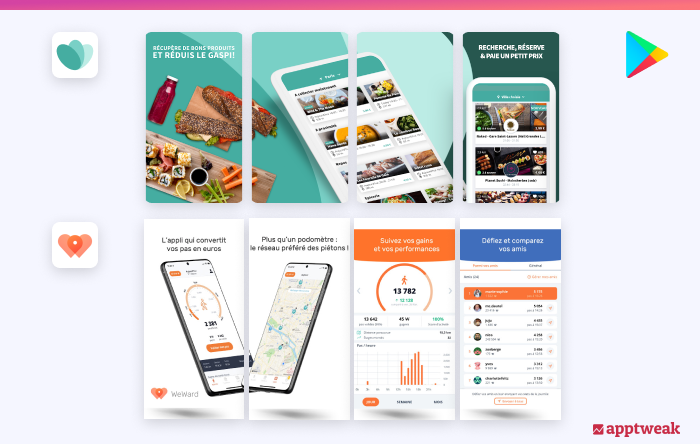 Structure of app screenshots on the French market, example of Too Good To Go and WeWard.